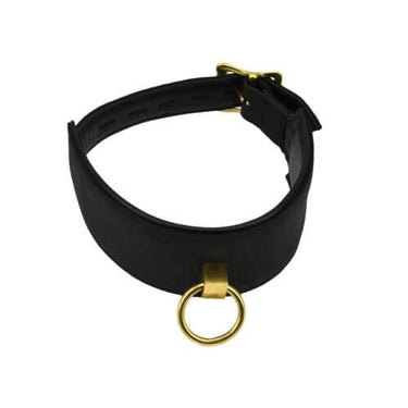 a black leather collar with a gold ring